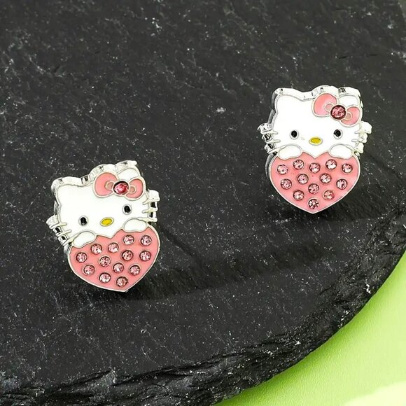 Earrings Hello Kitty Rhinestone Sanrio Heart Studs Silver Cute Emo Scene Trendy - Picture 3 of 4